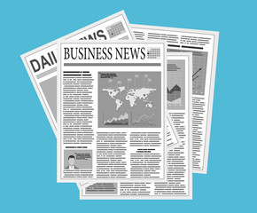 Naklejka na ściany i meble newspaper stack icon in flat design on blue background. World news magazine, paper pile, journal heap, vector illustration