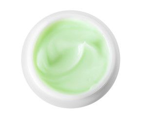 Jar of organic cream isolated on white, top view