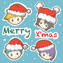 Vector illustration of cartoon cute boys smile with red hats on blue background.