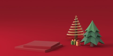 3d rendering Christmas tree with podium in red background