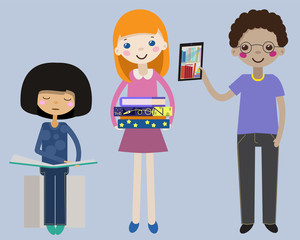 Children love to read. Books in the hands of girls and boy. Digital library. Flat illustration design