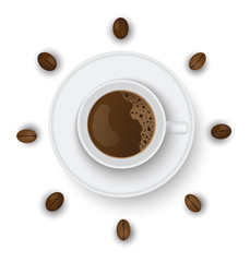 White coffee cup and coffee beans surround