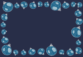 Christmas background greeting card with place for text, with Christmas balls in doodle style in blue vector stock illustration for design and decoration, for decal and interior decoration elements 