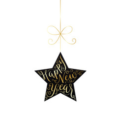 HAPPY NEW YEAR vector gold brush calligraphy on black star