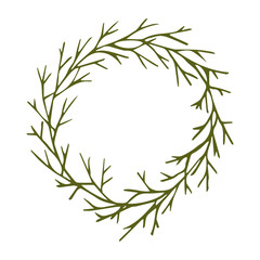 Green decorative wreath of twigs vector stock illustration for design and decoration, for decal and interior decoration elements of winter decor