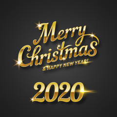 Merry Christmas Golden Text Calligraphic Lettering Design Card Template. Suitable for Holiday Greeting Gift Poster. Calligraphy Font style Banner on Black Background
