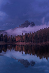 Beautiful Lake Antorno in the Italian Dolomites with reflection of Tre Cime mountain