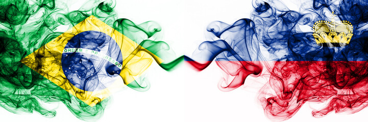 Brazil, Brazilian vs Liechtenstein, Liechtensteins smoky mystic flags placed side by side. Thick...