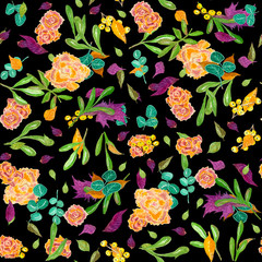 Seamless pattern with roses, leaves and berries, watercolor illustration on a black background