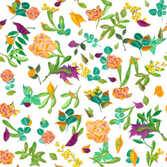 Seamless pattern with roses, leaves and berries, watercolor illustration on a white background