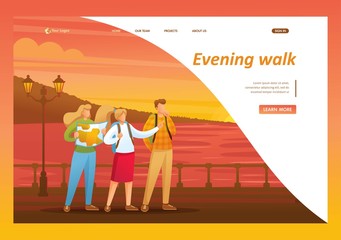 Evening walk of tourists along the beautiful promenade during sunset. Flat 2D character. Landing page concepts and web design