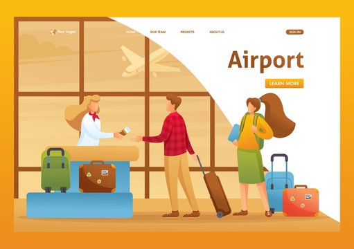 Passengers are checked in for a flight, vacation, flight to another country. Flat 2D character. Landing page concepts and web design