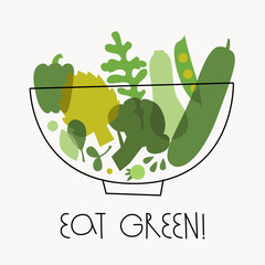 Vector background healthy food poster or banner with hand drawn green vegetables and Lettering text. Eat green.