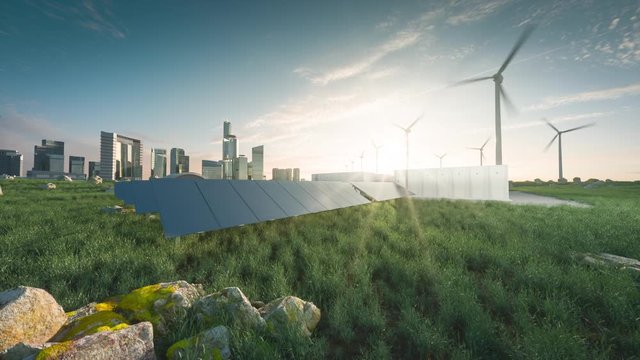 Concept of sustainable energy solution in beautifull sunset backlight. Frameless solar panels, battery energy storage facility, wind turbines and big city with skycrapers in background. 3d rendering.