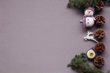 Christmas card gifts decor for the new year on a purple background