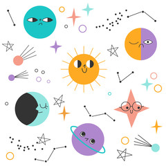 Space vector elements seamless pattern. Cosmos doodle illustration. Seamless pattern with cartoon space planets, stars and comets.