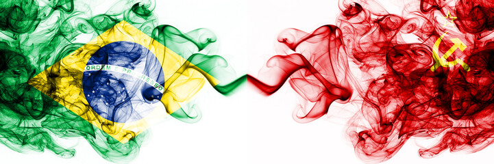 Brazil, Brazilian vs USSR, Communist smoky mystic flags placed side by side. Thick colored silky abstract smoke flags combination