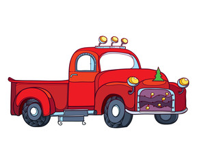 Drawing of outline vintage old pickup truck with Christmas tree garland in red isolated on white background. 