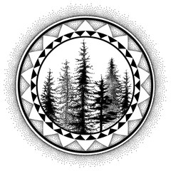 Dotted spruce tree or coniferous forest in black in round decorative frame isolated on white background.  © bokasana