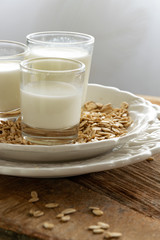 Fresh oat milk drink. Healthy nutritional ingredient, dairy themes