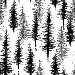 Wall murals Forest Seamless pattern with dotted spruce tree or coniferous forest in black on the white background. 