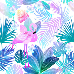 Fototapeta premium Tropical jungle neon palm leaves seamless pattern with flamingo, vector background