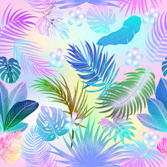 Tropical jungle neon palm leaves seamless pattern, vector background