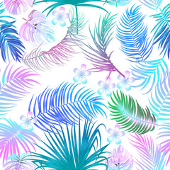 Tropical jungle neon palm leaves seamless pattern, vector background