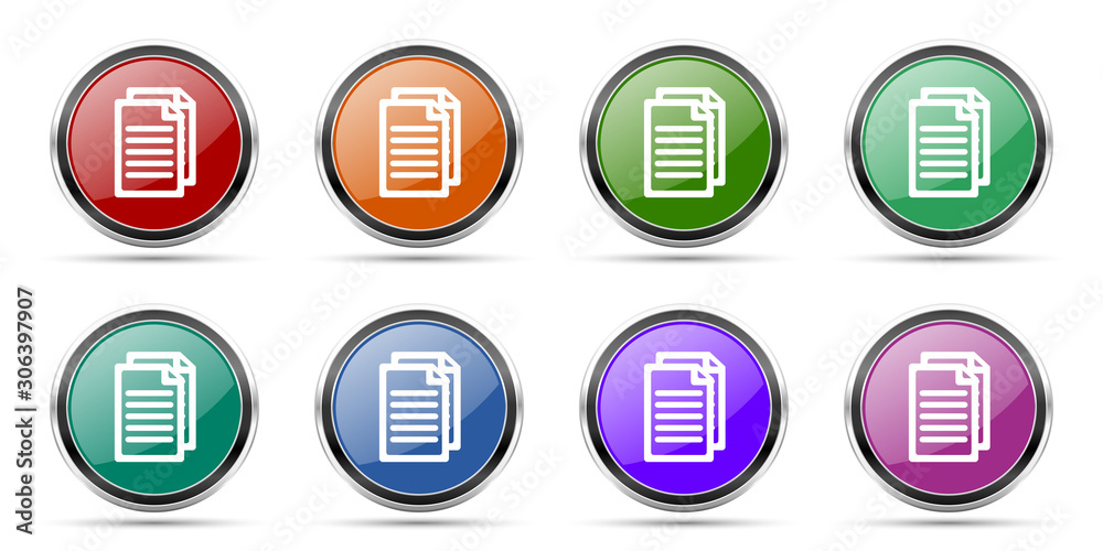 Poster Document icons, set of round glossy web buttons with silver metallic chrome borders isolated on white background in 8 options