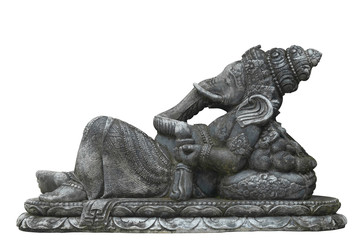 Hindu god Ganesha in lying position on a statue on pure white background