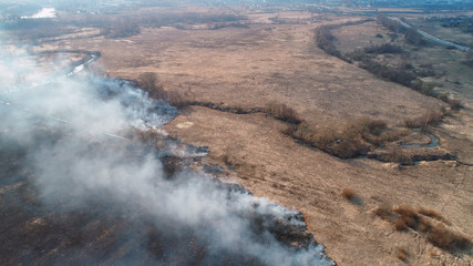 Forest and field fire. Dry grass burns, natural disaster. Aerial view.