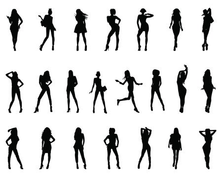 Black silhouettes of women in different posing on a white background