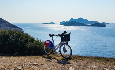 Bicycle at the top overlooking the Calanques of Marseille in the south of France.