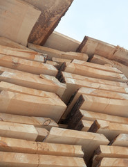 Wooden planks. Air-drying timber stack.
