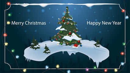 Christmas and new year banner with the inscription congratulations for the design of postcards decorated with spruce toys in snowdrifts in the forest on the background of the night city garlands