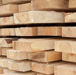 Wooden planks. Air-drying timber stack.