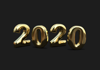 Happy New 2020 Year. Holiday 3d render of golden metallic numbers 2020. Realistic 3d sign. Festive poster or banner design