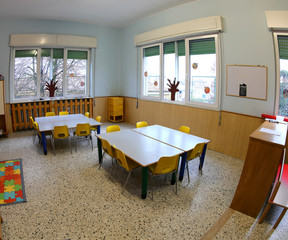 school classroom without children with colorful chairs and small