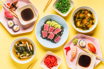 Table with traditional japanese food.