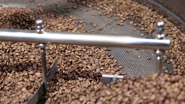 Fresh roasted coffee arabica beans have been cooled down in the cooling bin/tray after completed roasting process.