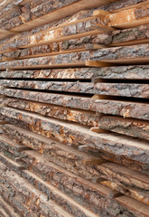 Wooden planks. Air-drying timber stack.