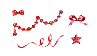 Christmas decorations set. Red watercolor garland with shiny beads, ribbon, bow. Hand painted realistic party design elements isolated on white background for greeting cards, banners.