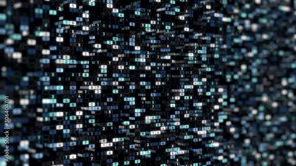 Poster abstract background of colorful numerical values in columns hanging while moving on a black backgrou
