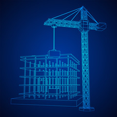 Building under construction with crane. Build house construct in process. Wireframe low poly mesh vector illustration