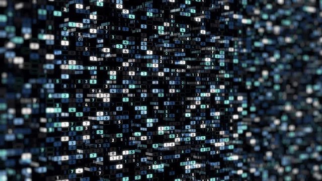 Abstract background of colorful numerical values in columns hanging while moving on a black background. Animation. Stock motion graphics video