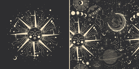 Vector illustration set of moon phases. Different stages of moonlight activity in vintage engraving style. Zodiac Signs © chikovnaya