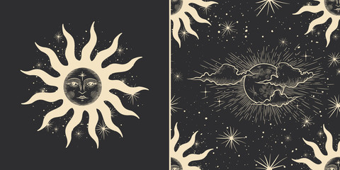 Vector illustration set of moon phases. Different stages of moonlight activity in vintage engraving style. Zodiac Signs