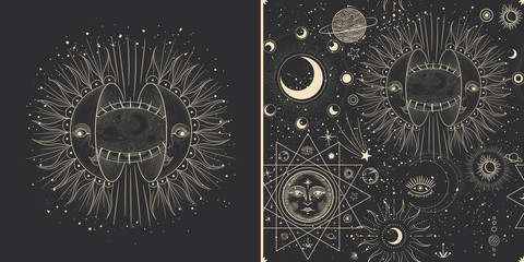 Vector illustration set of moon phases. Different stages of moonlight activity in vintage engraving style. Zodiac Signs © chikovnaya