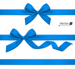 Holiday blue bow with ribbon. Vector present.