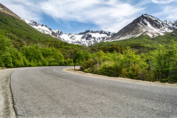 Fototapeta premium carretera curvada, rodeada de arboles con fondo a las montañas - glaciar Martial 